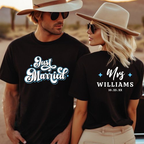 Retro Just Married Mr and Mrs Blue Black  White  T_Shirt