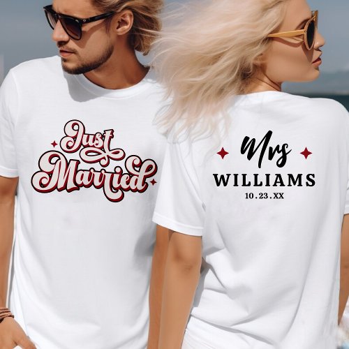 Retro Just Married Mr and Mrs Pink Red  White  T_Shirt