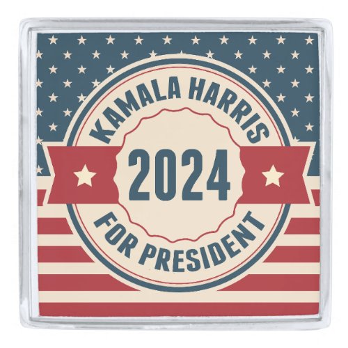 Retro Kamala Harris for President 2024 Election Silver Finish Lapel Pin