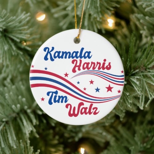 Retro Kamala Harris Tim Walz Blue Red Christmas Ceramic Ornament