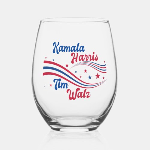 Retro Kamala Harris Tim Walz Cute Election Stemless Wine Glass