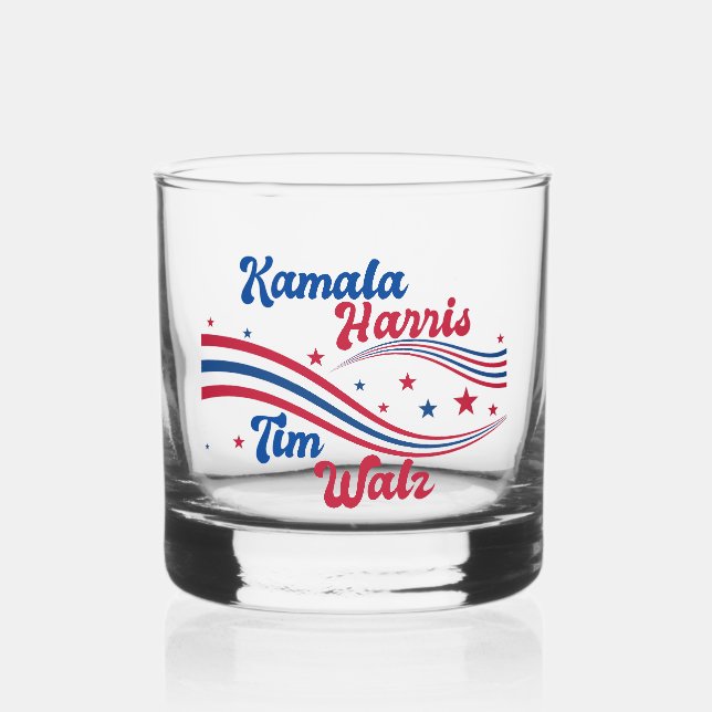 Retro Kamala Harris Tim Walz Cute Election Whiskey Glass (Front)