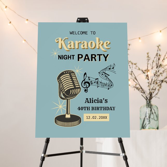 Retro Karaoke Night Party Teal & Cream Birthday Foam Board (In Situ (Stand))