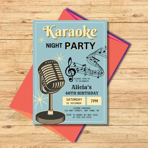 Retro Karaoke Night Party Teal  Cream Birthday Invitation