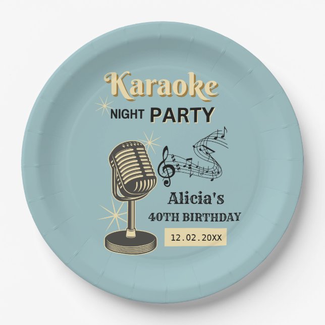 Retro Karaoke Night Party Teal & Cream Birthday Paper Plates (Front)