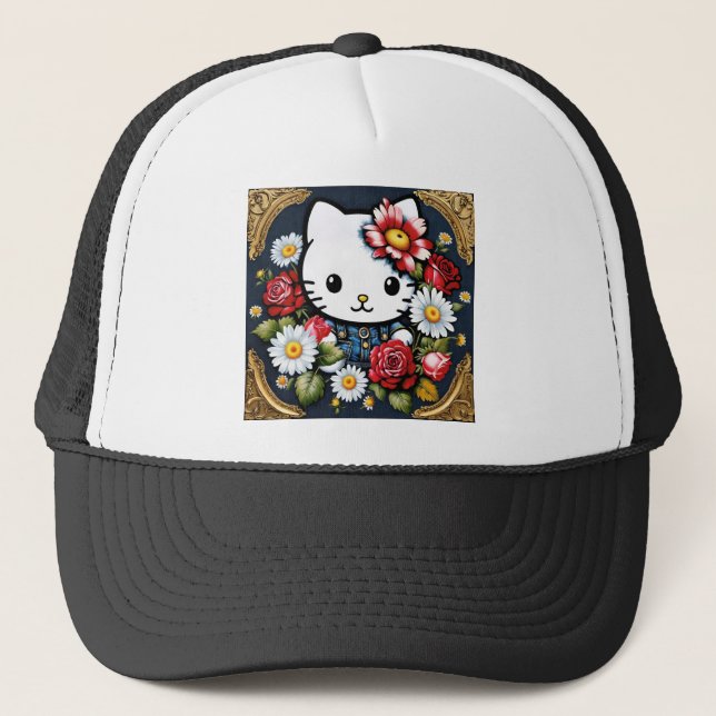 Retro Kawaii Cat in Gold Frame with Flowers Trucker Hat (Front)