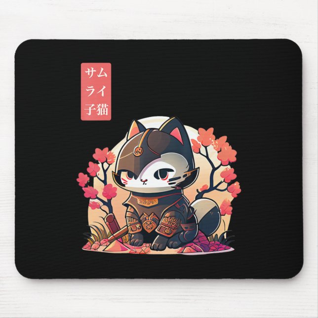Retro Kawaii Samurai Cat with Cherry Blossom Tree  Mouse Pad (Front)