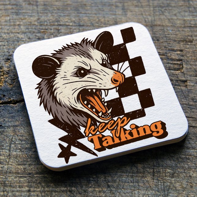 Retro Keep Talking Feral Possum: Angry Wild Animal Square Paper Coaster (This keep talking feral possum design brings bold edgy humor to your day!
)