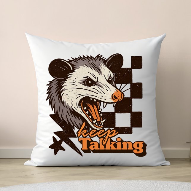 Retro Keep Talking Feral Possum: Angry Wild Animal Throw Pillow (This keep talking feral possum design brings bold edgy humor to your day!
)