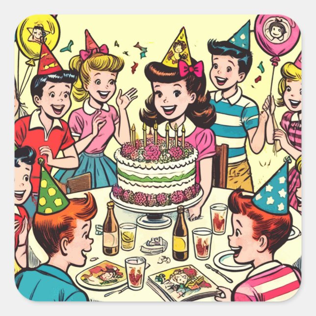 Retro Kids Birthday Party Comics Square Sticker (Front)