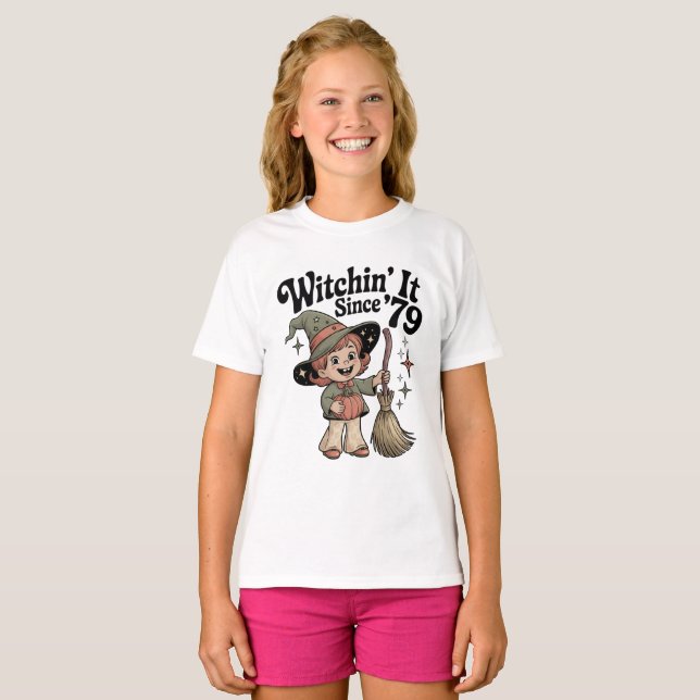 Retro Kids Halloween 70s Cute Witch  Tee (Front Full)