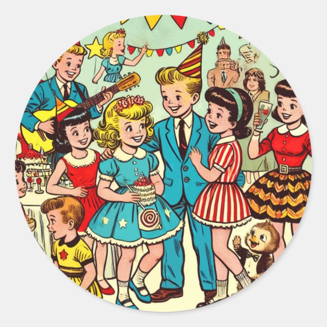 Retro Kids Party Comics Classic Round Sticker (Front)