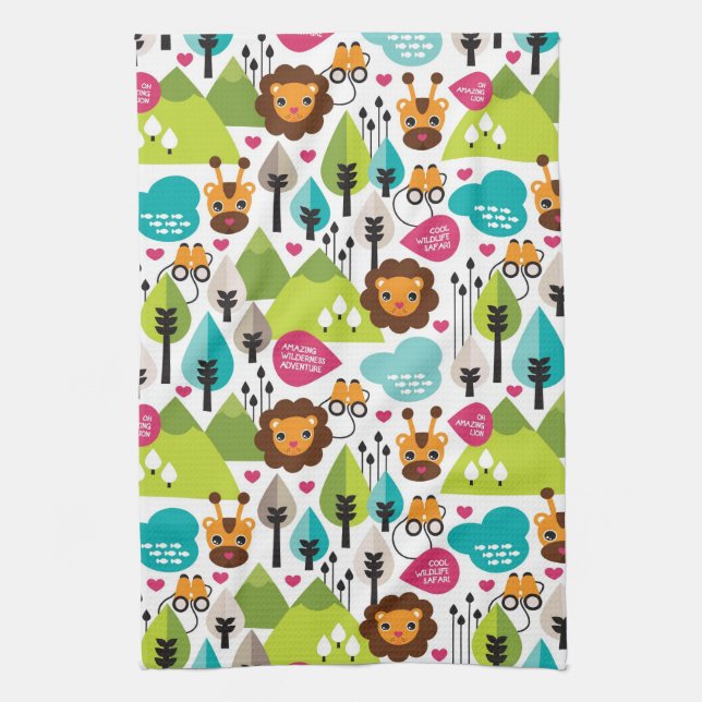 retro kids safari lion wildlife kitchen towel (Vertical)
