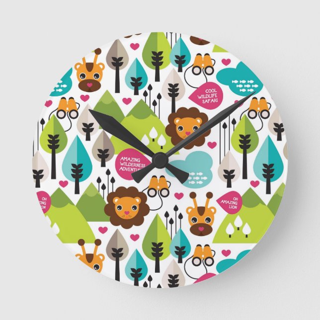 retro kids safari lion wildlife round clock (Front)