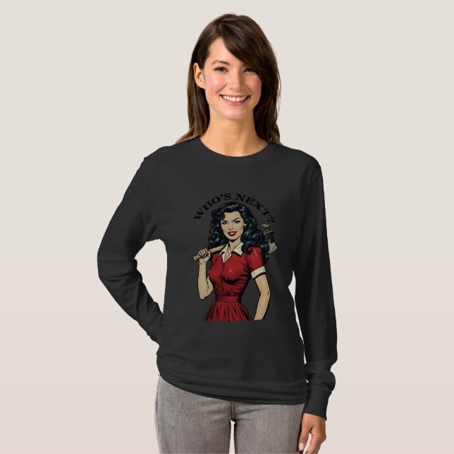 Retro Killer Housewife “Who’s Next?”Dark Humor Tee (Front Full)