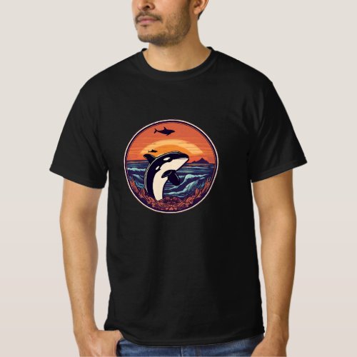 Retro Killer Whale Sunset Ocean Animal  T_Shirt