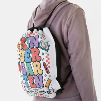 Retro Kindergarten Here I Come School Drawstring Bag