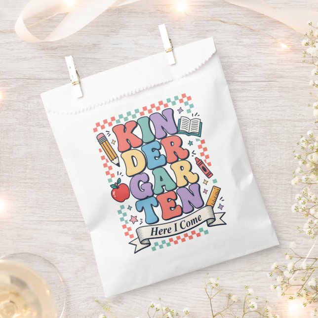 Retro Kindergarten Here I Come School Favor Bag (Clipped)