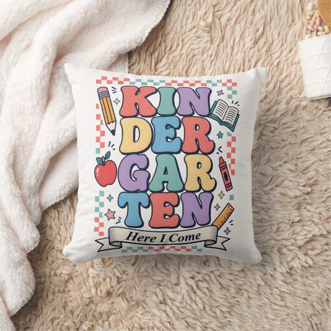 Retro Kindergarten Here I Come School Throw Pillow (Blanket)