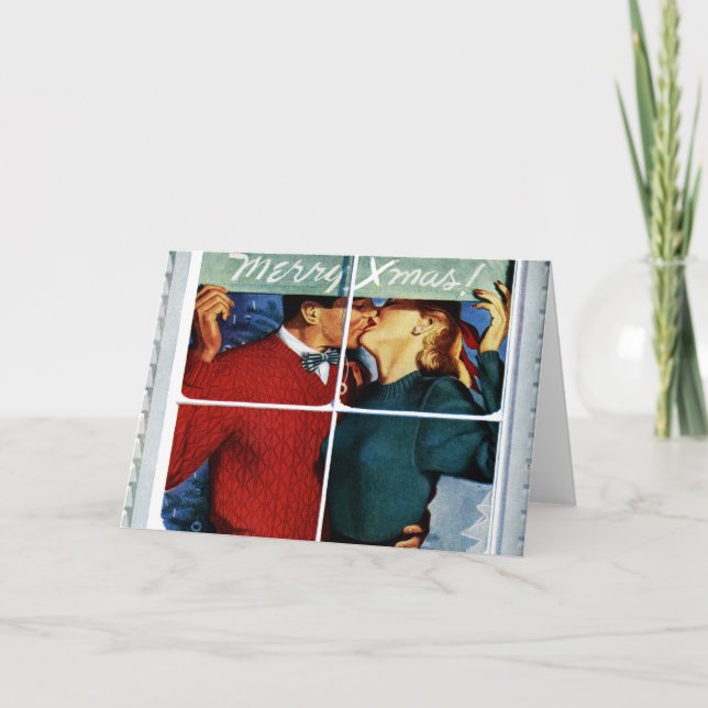 Retro Kissing Christmas Couple Card (Front)