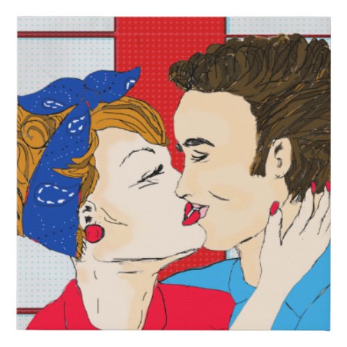 Retro Kissing Couple Bandanna Lady Faux Canvas Print