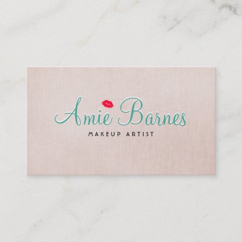 Retro Kissing Lips Makeup Artist Beige Linen Look Business Card Template