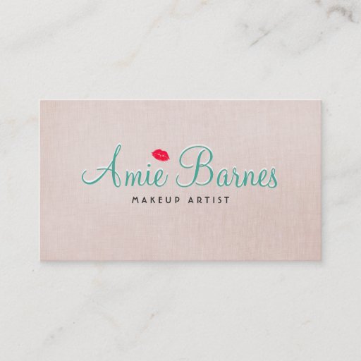 Customizable Retro Kissing Lips Makeup Artist Beige Linen Look Business Card Template