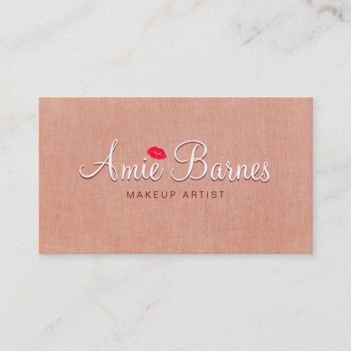 Customizable Retro Kissing Lips Makeup Artist Peach Linen Look Business Cards