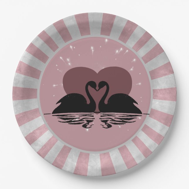 Retro Kissing Swans Paper Plates (Front)