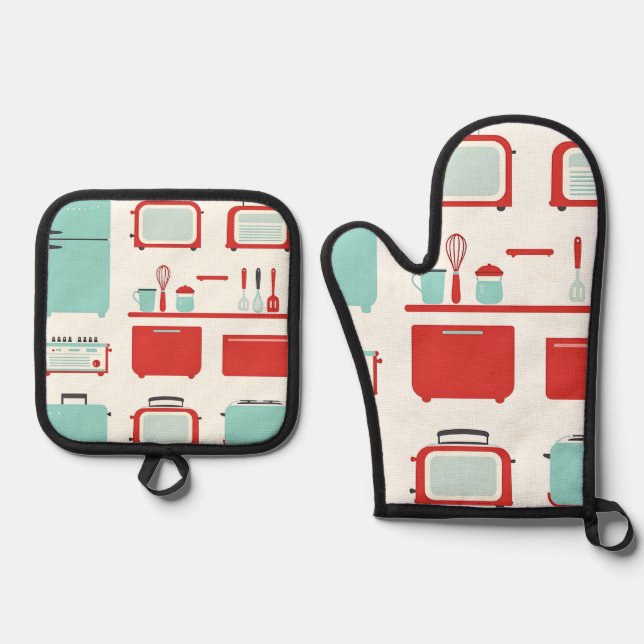 Retro Kitchen Appliances Pattern Oven Mitt & Pot Holder Set (Front)