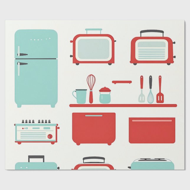 Retro Kitchen Appliances Pattern Wrapping Paper (Flat)