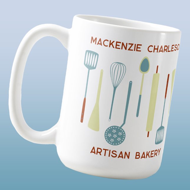 Retro Kitchen Bakery Cafe Catering Coffee Mug (Retro kitchen utensils custom coffee mug for bakery, cafe, restaurant and catering business)