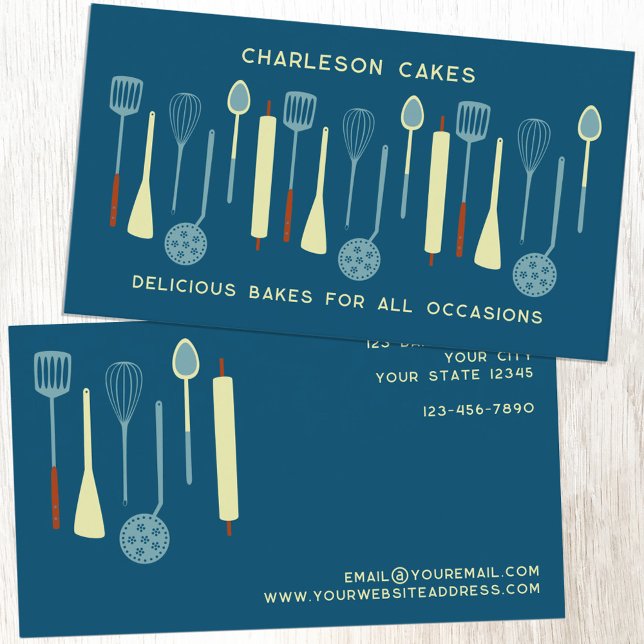 Retro Kitchen Baking Catering Food Business Card (Retro kitchen utensils custom business card with editable text for baker, cook, catering, cafe, food)