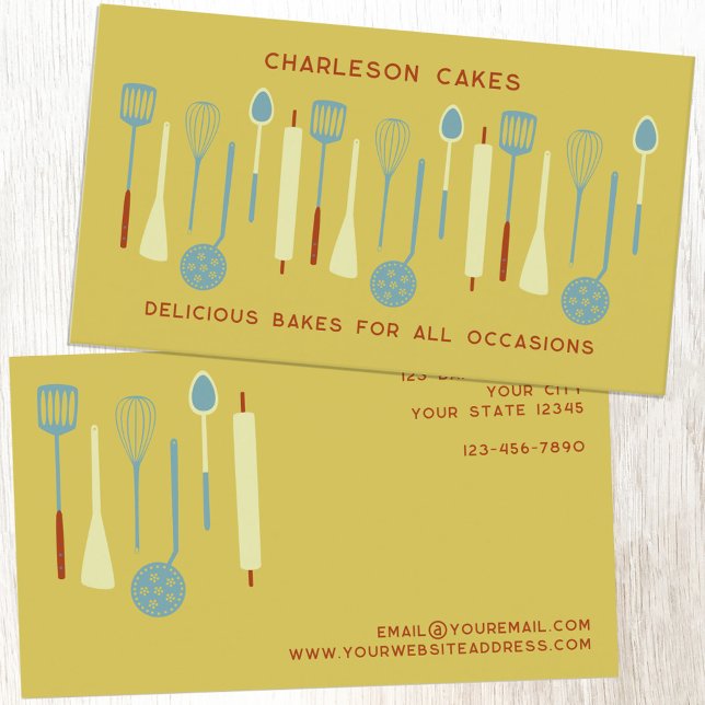 Retro Kitchen Baking Catering Yellow Business Card (Retro Kitchen yellow business card template with editable text for baker, cake maker, catering, cafe)