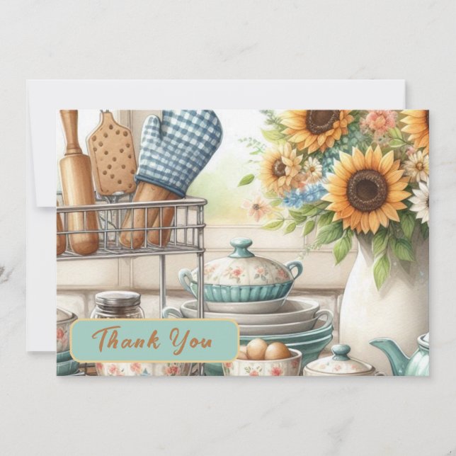 Retro Kitchen Bridal Shower Flat Thank You Card (Front)
