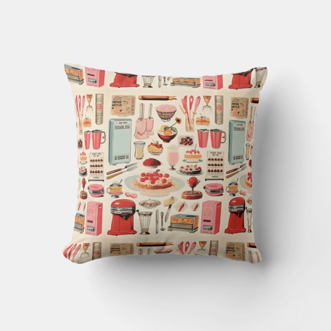 Retro Kitchen Cakes and Tools Throw Pillow (Front)
