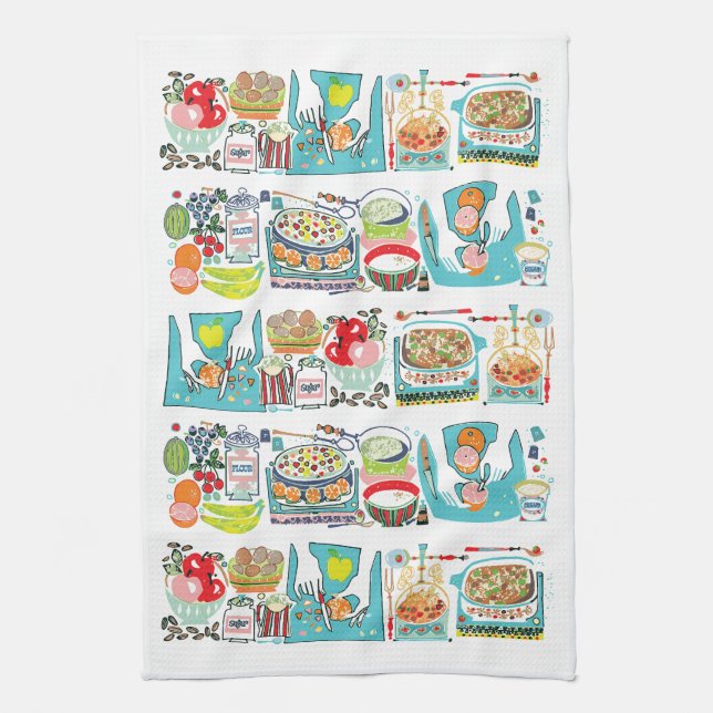 Retro Kitchen Cook Book Illustration Aqua Kitchen Towel (Vertical)