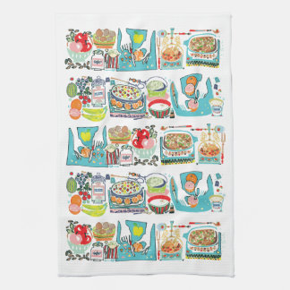 Retro Kitchen Cook Book Illustration Aqua Towel