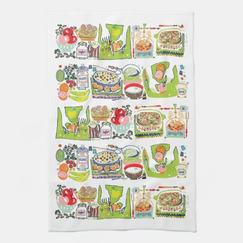 Retro Kitchen Cook Book Illustration Bright Green Kitchen Towel
