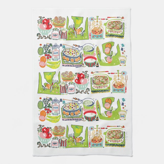 Retro Kitchen Cook Book Illustration Bright Green Kitchen Towel (Vertical)