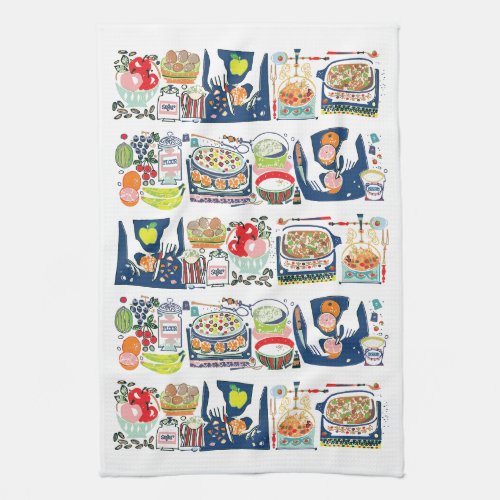 Retro Kitchen Cook Book Illustration Navy Blue Kitchen Towel