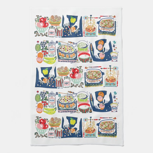 Retro Kitchen Cook Book Illustration Navy Blue Kitchen Towel (Vertical)