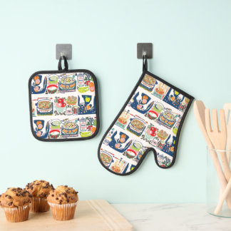 Retro Kitchen Cook Book Illustration Navy Blue Oven Mitt & Pot Holder Set