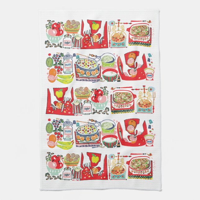 Retro Kitchen Cook Book Illustration Red Kitchen Towel (Vertical)