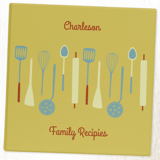 Retro Kitchen Family Recipe Personalized 3 Ring Binder (Family recipe personalized binder with editable text featuring retro kitchen implements and utensils)