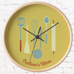 Retro Kitchen Personalized Clock<br><div class="desc">Fun retro kitchen implements.  Change the name or text to personalize.  Original art by Nic Squirrell.</div>
