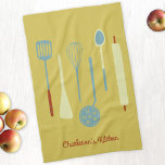 Retro Kitchen Personalized Yellow Kitchen Towel<br><div class="desc">Fun retro kitchen implements.  Change or remove the name or text to personalize.  Original art by Nic Squirrell.</div>