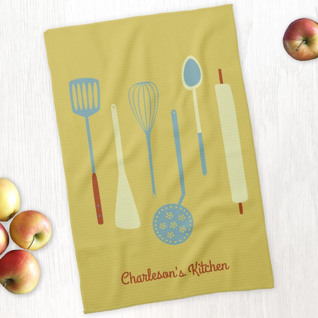 Retro Kitchen Personalized Yellow Kitchen Towel (Retro kitchen utensils personalized yellow kitchen towel with editable text)