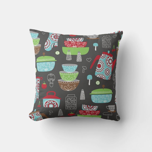 Retro Kitchen Pyrex and Mushroom Pattern Artwork Throw Pillow (Front)