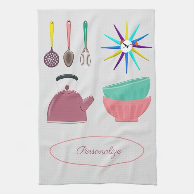 Retro Kitchen Utensils, Clock, Teapot Personalize Kitchen Towel (Vertical)